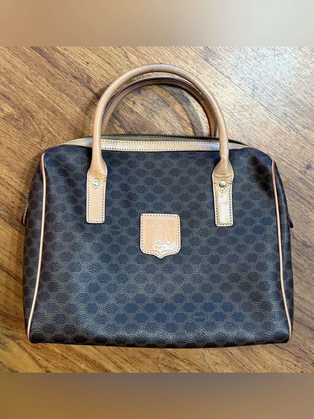 Vintage Celine Macadam Boston bag Made in Italy M14 hand bag monogram Brown gold